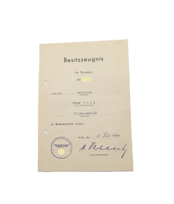 Besitzzeugnis Kubanschild - Für einen Gefreiten des Pi. Bau. Batl. 52 - Kuban - Ärmelschild - Schild