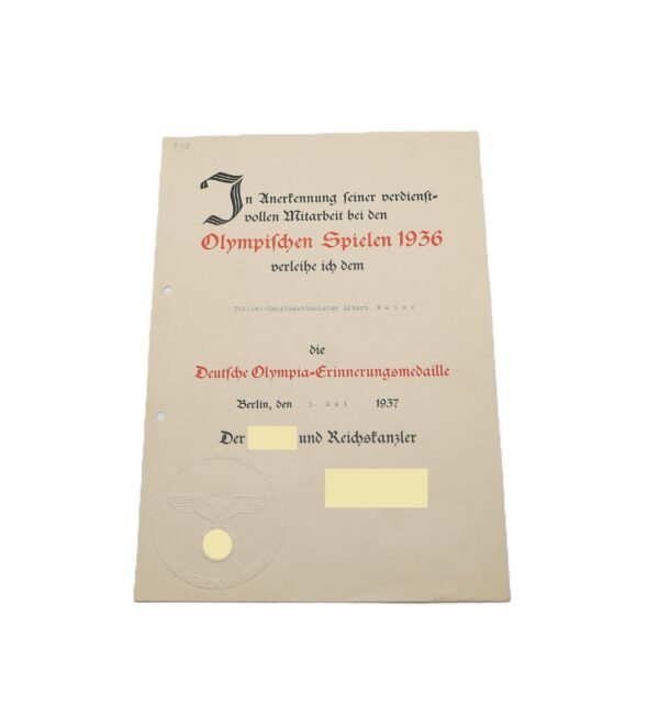 Verleihungsurkunde - Urkunde - Deutsche Olympia-Erinnerungsmedaille – Olympische Spiele Berlin 1936