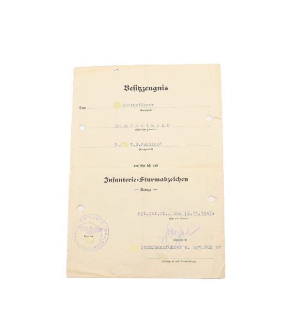 Papiere - Besitzzeugnis zum Infanterie Sturmabzeichen Bronze - Verleihungsurkunde - Urkunde - Verpflichtungs Erklärung - SS Rottenführer - Division Nordland – Bild 4