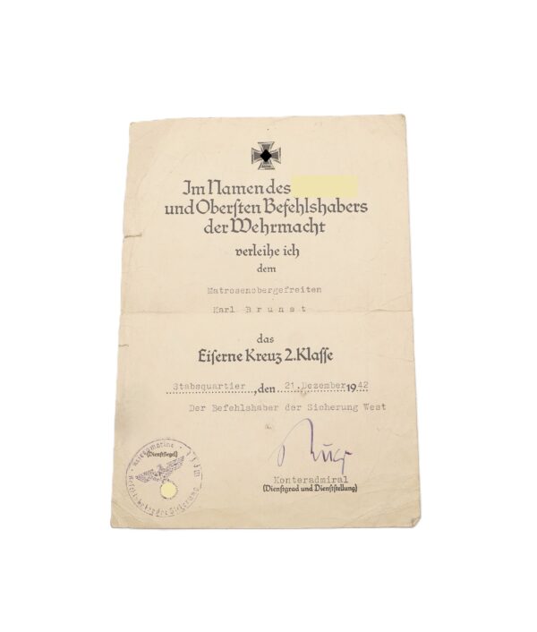 Urkunden Kriegsmarine – Minensucher (Kriegsabzeichen für Minensuch-, U-Boots-, Jagd- und Sicherungsverbände) – Eisernes Kreuz 2. Klasse 1939 – Urkunde – EK – Bild 3